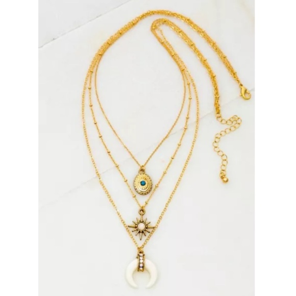 Gold Three Row Star Crescent Boho Charm Necklace - Picture 2 of 3